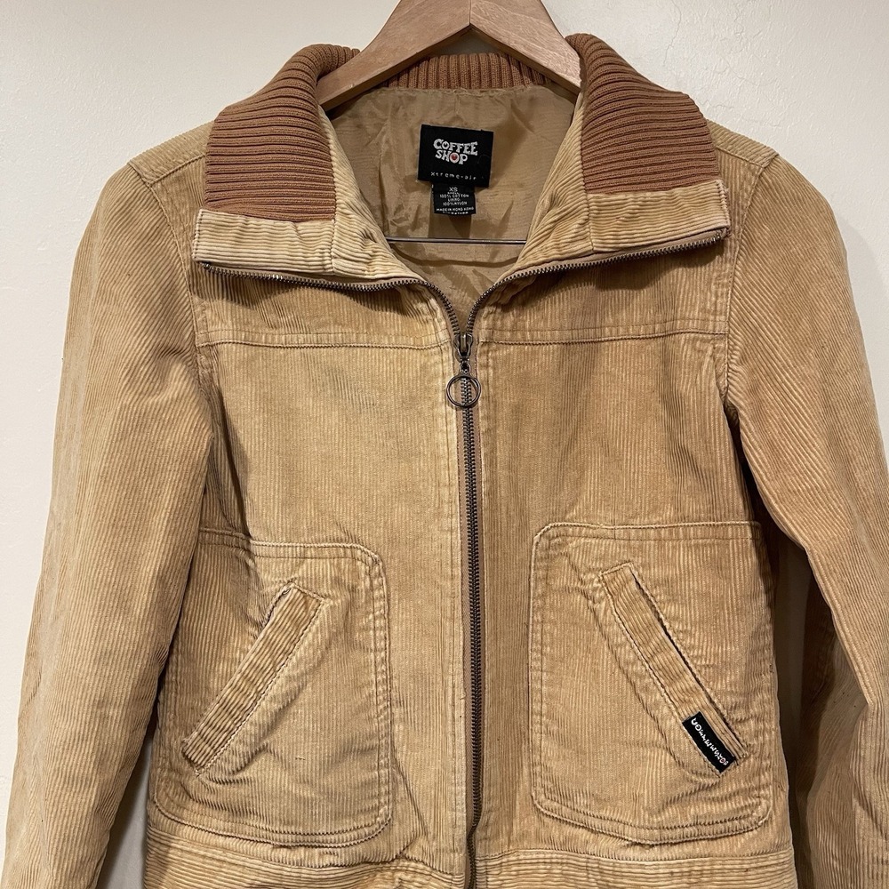 VTG Coffee Shop Corduroy Jacket Womens XS Tan Beige‎ Ribbed Knit Collar 90s Y2K - Picture 4 of 8